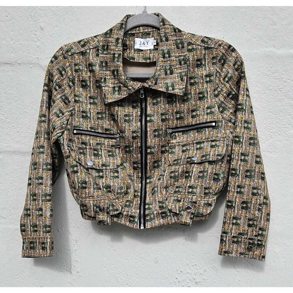 Y2K Cropped Blazer Small Tan Green Printed Full Zip Cargo Retro Utility Jacket